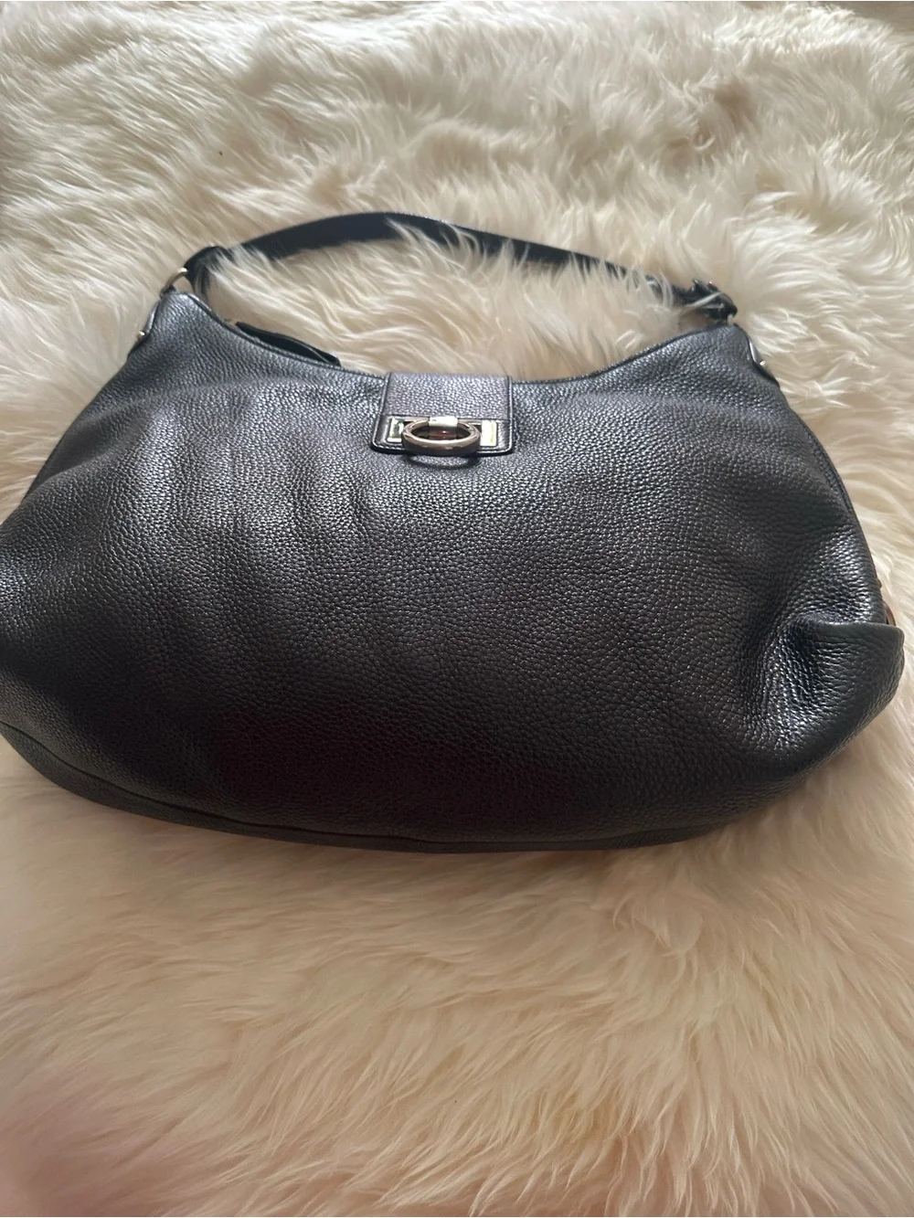 Salvatore Ferragamo Black Pebbled Leather Shoulder Bag with Silver Hardware